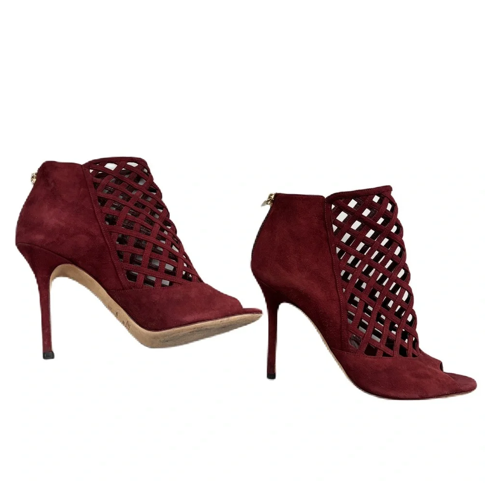 Jimmy Choo Claret Suede Drift Cutout Stiletto Heels Caged‎ Size 38.5 Size 38 1/2
